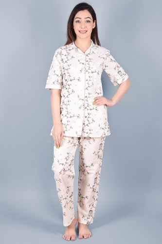 Off-White Printed Cotton Night Suit