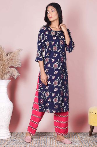 Blue & Pink Printed Kurta With Palazzo Set