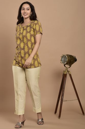 Brown & Mustard Printed Casual Cotton Top