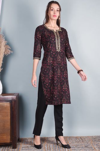 Pink & Black Printed Rayon Kurta With Solid Pant 