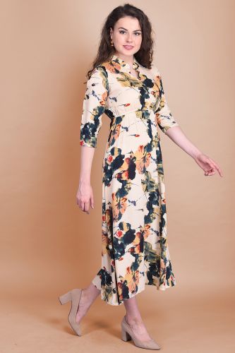 Multi-Colored Rayon Printed Midi One Piece Dress