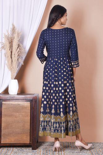 Blue and Golden Printed Rayon Kurta