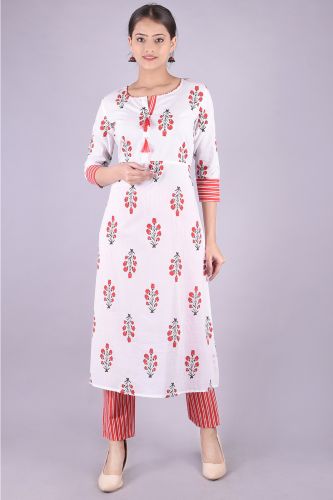 White and Red Printed A-Line Kurta With Palazzo Pants