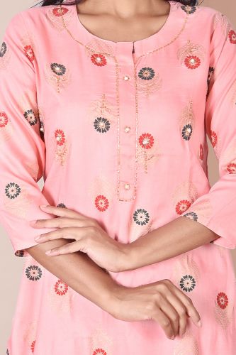 Peach Printed Kurta with Handwork and Printed palazzo Set