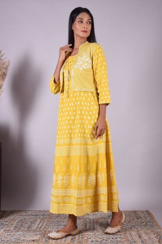 Yellow Printed Long Cotton Kurti with Embroidered Jacket