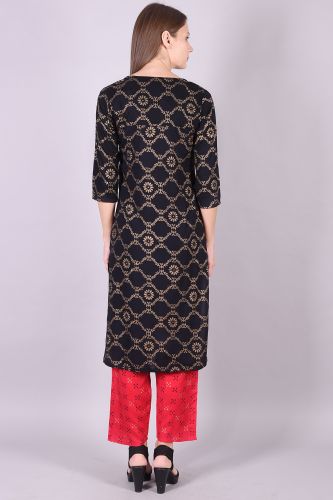 Black & Gold Printed Rayon Kurta With Printed Palazzo