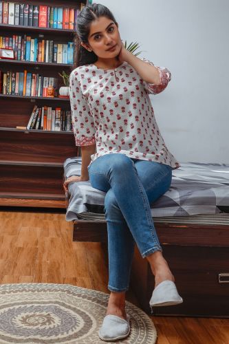 Red & White Floral Printed Casual Cotton Top