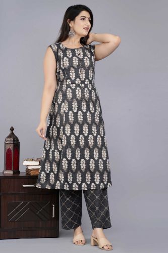 Grey Printed Cotton Kurta with Pants