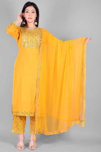 Ethnic Mustard Heavy Embroidered Kurta with Palazzo and Dupatta Set