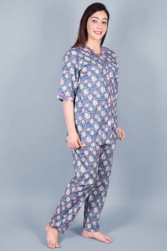 Blue Printed Cotton Night Suit