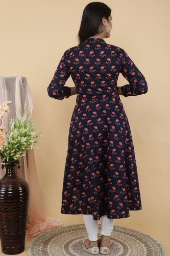 Navy Blue Floral Printed A-Line Flared Cotton Kurta